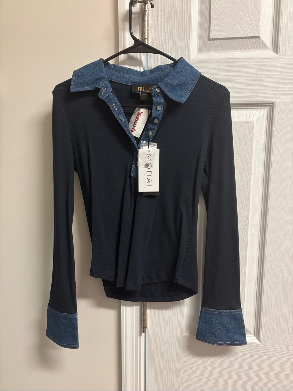 Truth Black Long-Sleeve Button-Down Top with Denim Trim